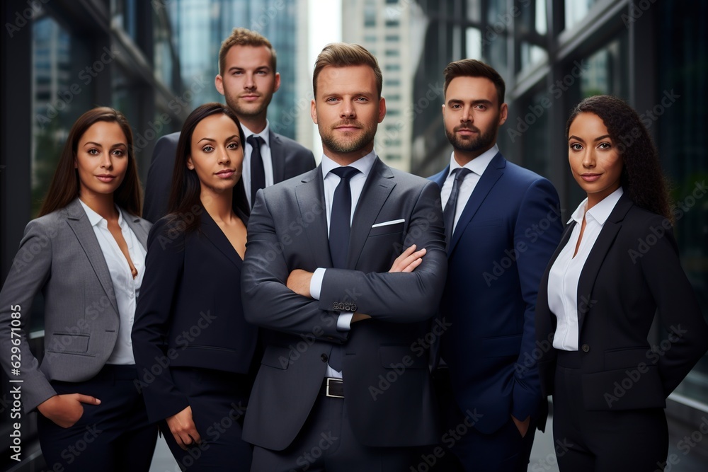 confident business team posing with their leader in a corporation