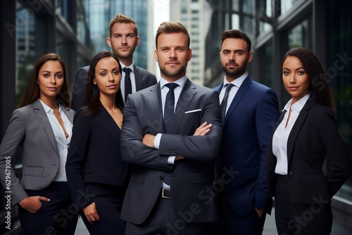 confident business team posing with their leader in a corporation