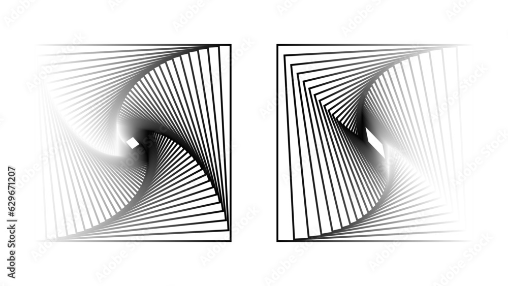 Naklejka premium Set of gradient 3D twisted gradient spirals. Geometry black-white tunnel with lines. Abstract technology circle and square. Vector illustration.