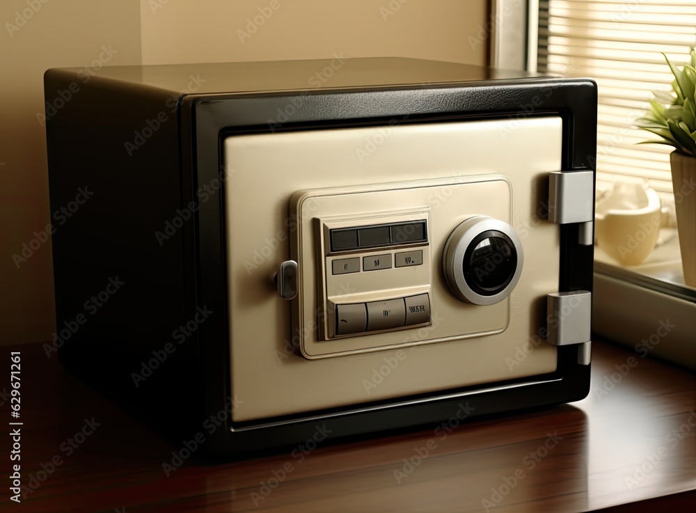 Obraz premium Small modern safe on shelf. Created with Generative AI technology.