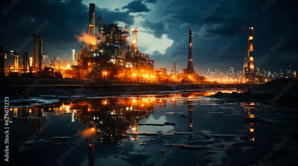 Industrial modern exterior night factory. Factory lights in evening. Generative AI. Industrial modern exterior night factory. Factory lights in evening. Generative AI.