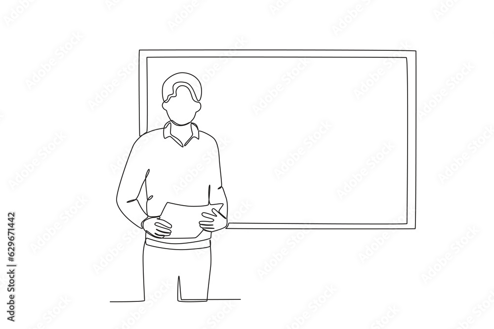 A student presents the results of his group work. Presentation one-line drawing