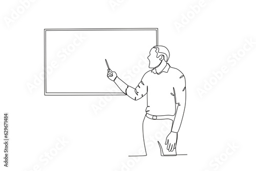 A male teacher shows the results of his report. Presentation one-line drawing