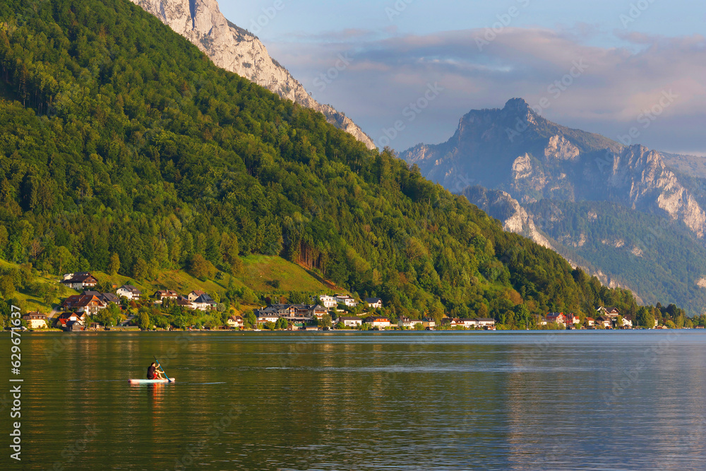 Boat on the Traunsee mountain lake in Austrian Alps. Austria landscape in Salzkammergut region, Europe