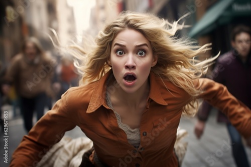 young blonde woman running in a panic