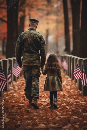 view of father in military uniform holding daughter's hand
