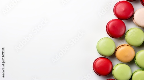 delicious fresh French red adn green macarons on a white background. Horizontal photo  Minimalism. AI generated.