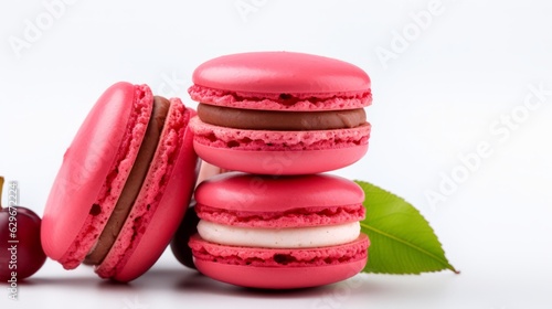 3 delicious fresh French red macarons on a white background. Horizontal photo, big plan. AI generated.
