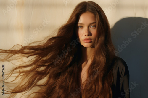 portrait of a woman/model/book character in a close up with long dark brown hair in a fashion/beauty editorial advertisement magazine style film photography look redhead - generative ai art
