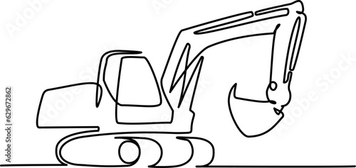 Excavator silhouette on white background. Continuous one line drawing.