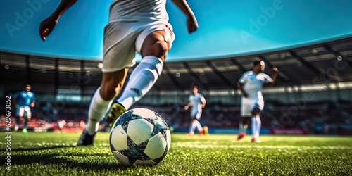 Soccer Player Runs to Kick the Ball. Ball on the Grass during a match Field of Arena © Banana Images