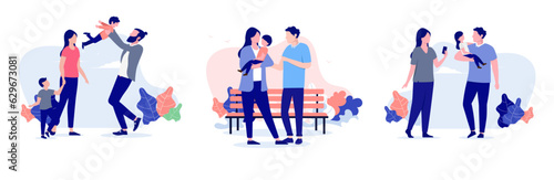 Family vector collection - Parents mother and father with children standing outdoors, happy and having fun, taking care of kids. Flat design with white background