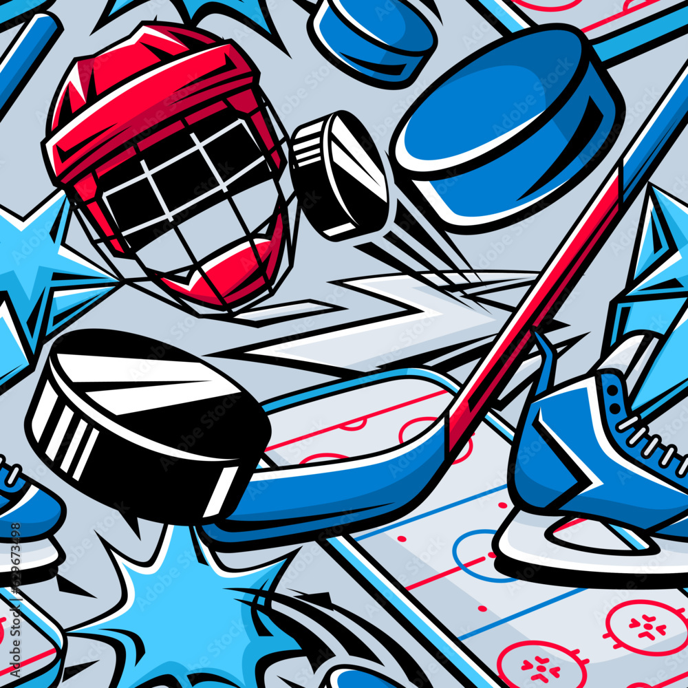 Pattern with hockey items. Sport club illustration. Healthy lifestyle background.