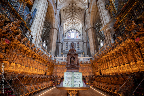 Choir of the cathedral of Salamanca, Castilla y Leon, Spain, with its baroque wooden stalls