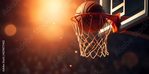 Print op canvas Banner sports tournament Basketball, ball on dark background court, copy space
