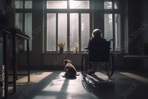 Elderly Senior person in wheelchair looking out window with pet dog in home. Concept friendship. Generation AI © Adin