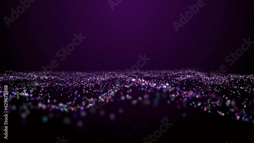 Digital waves from particles. Abstract technological background from dots. Futuristic wavy surface of moving multi-colored particles. Big data visualization. Seamless loop 4k video. Screensaver purple