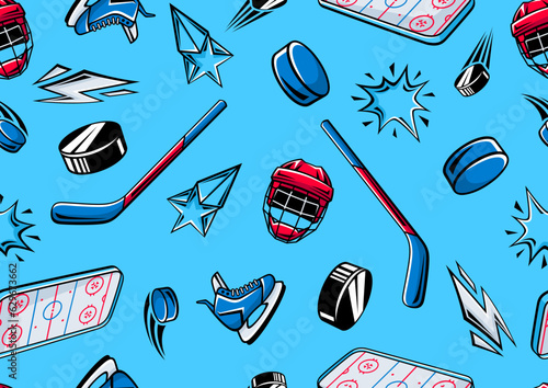 Pattern with hockey items. Sport club illustration. Healthy lifestyle background.