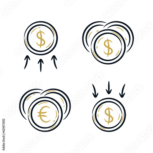 Coin money dollar and euro hand drawn sketch line drawing. Financial profit loss vector doodle icon logo illustration