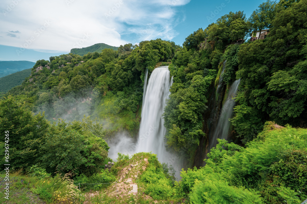 panoramic view of the Marmore waterfalls, the highest in Europe, in the Umbria region in the province of Terni. They give a sense of power, peace and freshness panoramic view of the Marmore waterfalls, the highest in Europe, in the Umbria region in the province of Terni. They give a sense of power, peace and freshness
