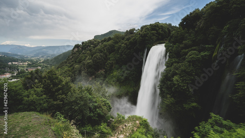 panoramic view of the Marmore waterfalls, the highest in Europe, in the Umbria region in the province of Terni. They give a sense of power, peace and freshness