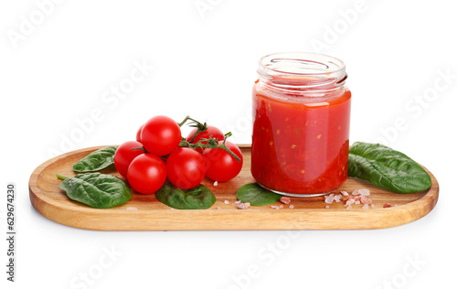 Jar with tasty tomato sauce and fresh vegetables on white background