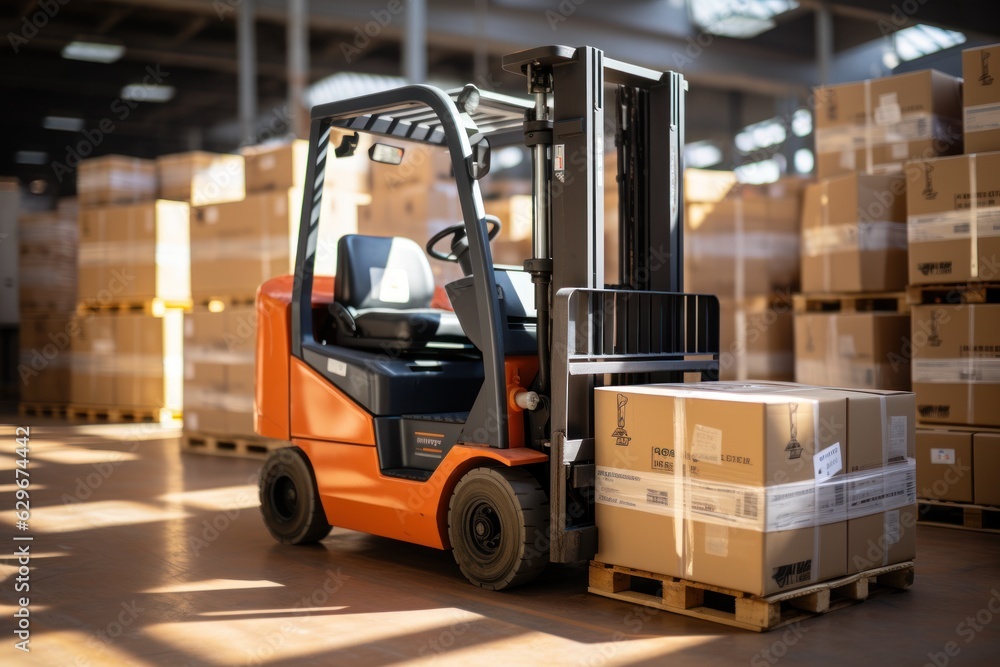 A large retail warehouse filled with shelves with goods stored on manual pallet trucks in cardboard boxes and packages. driving a forklift in the background Logistics and distribution facilities 