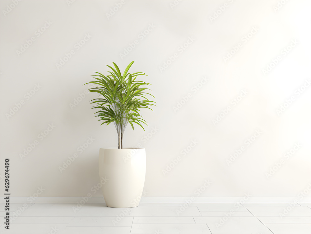 A green potted plant against a clean white background