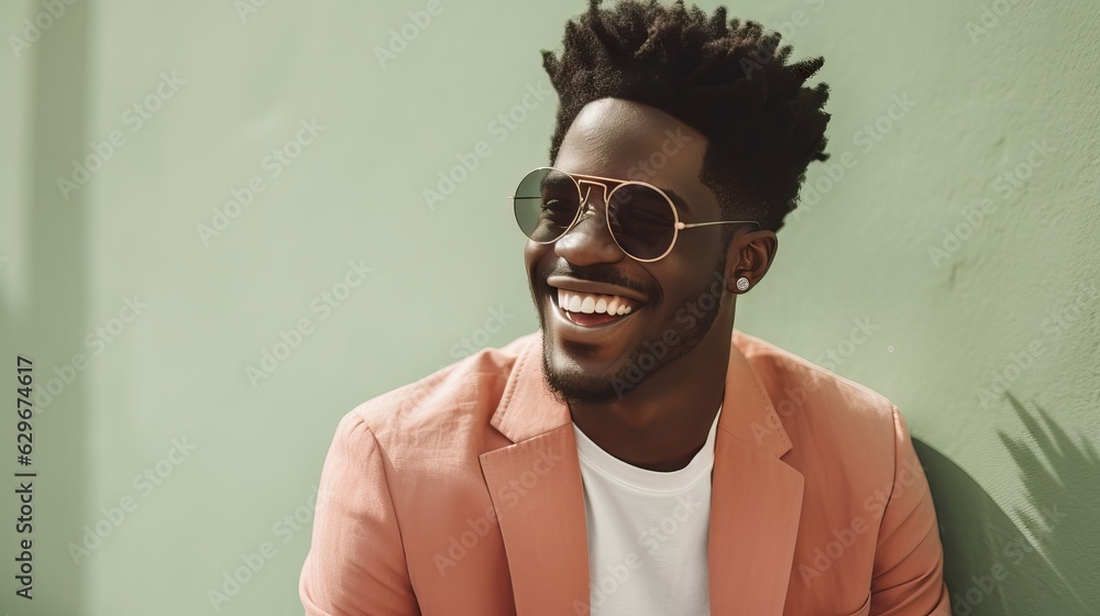 Fototapeta premium African American male student, wearing glasses, on the street in the city
