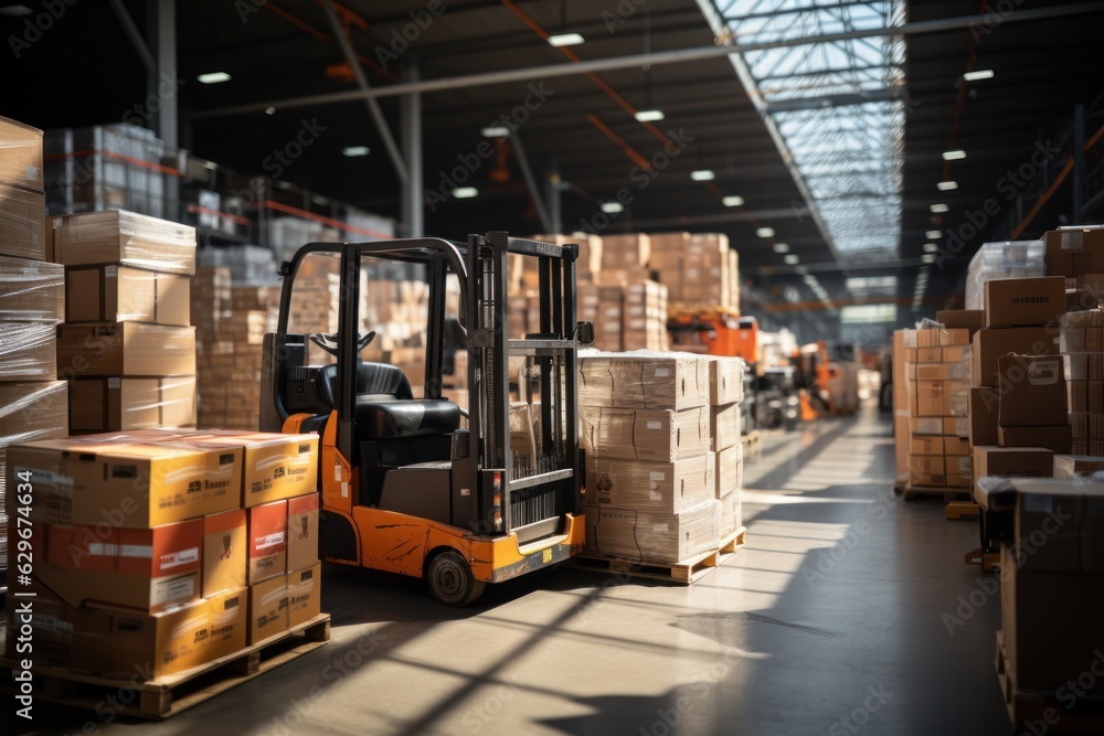 A large retail warehouse filled with shelves with goods stored on manual pallet trucks in cardboard boxes and packages. driving a forklift in the background Logistics and distribution facilities 