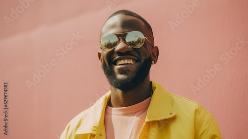 Modern american african man smiling close up portrait, wearing sunglasses, happy trendy city life