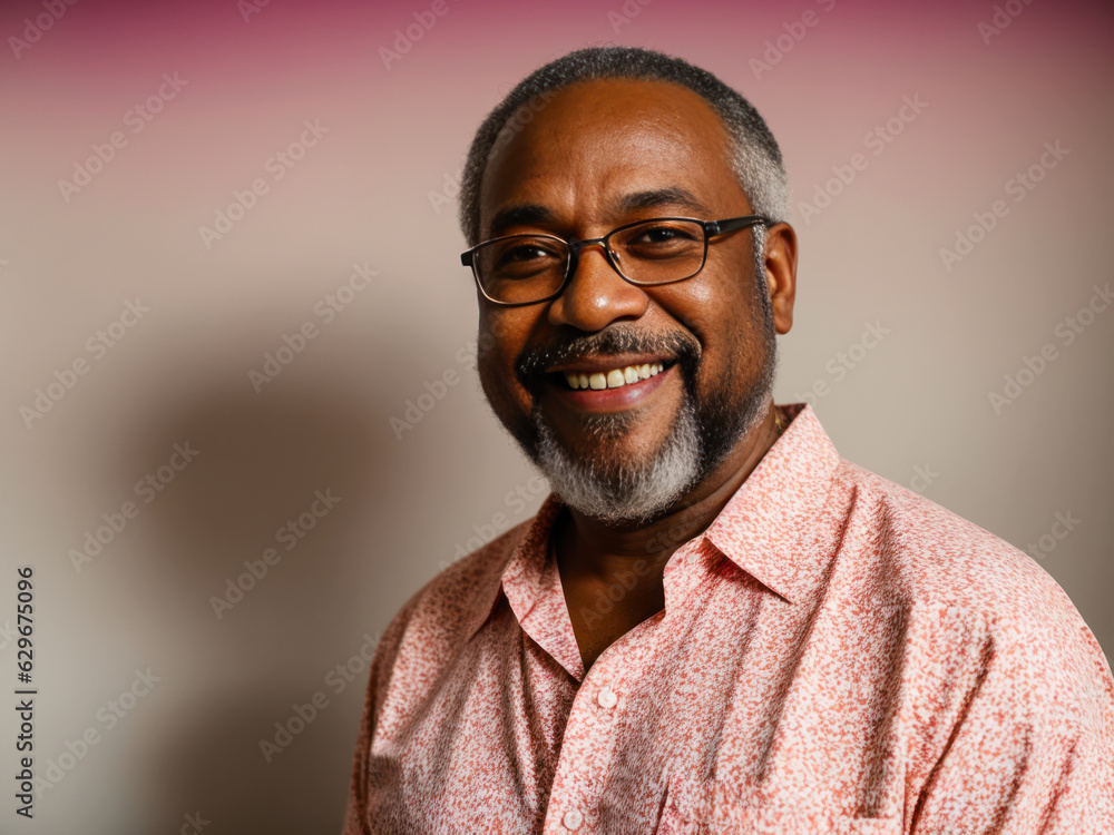 Portrait of the middle age bearded black man with a cheerful smile wearing a bright Hawaiian shirt stands alone on a pink background. Concept of active age. Portrait of the middle age bearded black man with a cheerful smile wearing a bright Hawaiian shirt stands alone on a pink background. Concept of active age.