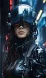 Futuristic cyberpunk women with helmet, colorful image, dystopic city
