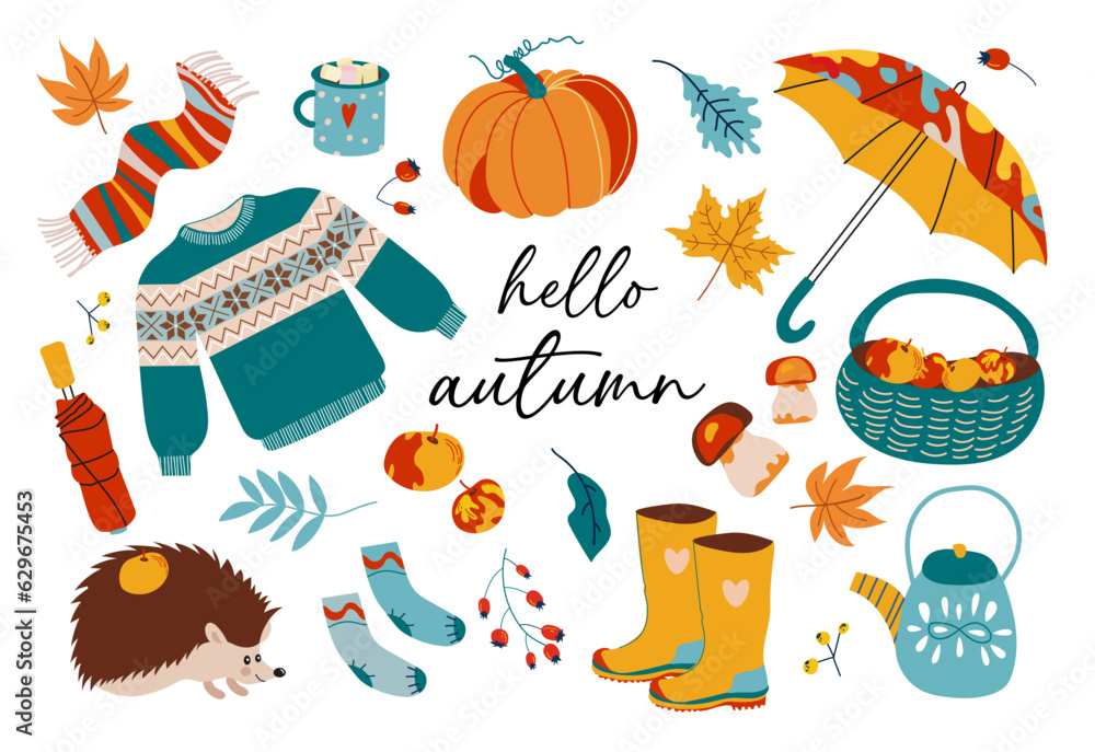 Autumn icons set: falling leaves, pumpkins, sweater, cute hedgehog, boots, basket of apples and more. Autumn season elements suitable for scrapbook, postcards, posters Autumn icons set: falling leaves, pumpkins, sweater, cute hedgehog, boots, basket of apples and more. Autumn season elements suitable for scrapbook, postcards, posters