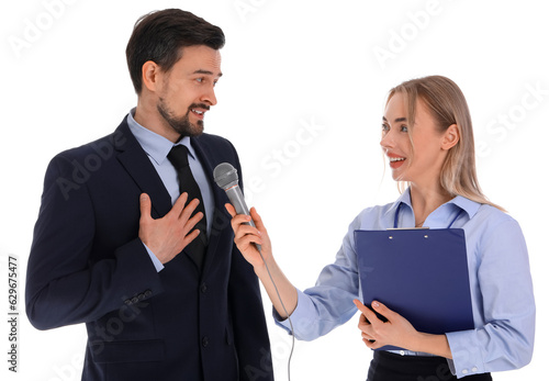 Female journalist with micr...