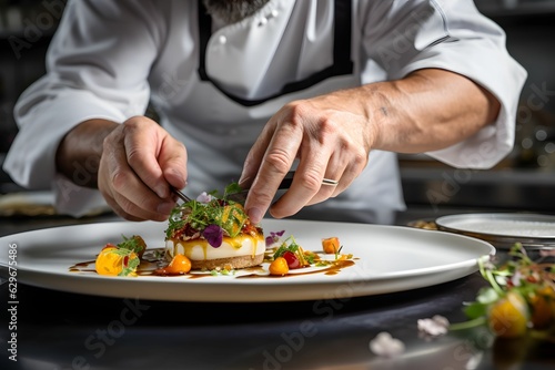 Photographie Eine Nahaufnahme der Hände eines Kochs, der in einer geschäftigen Küche Zutaten