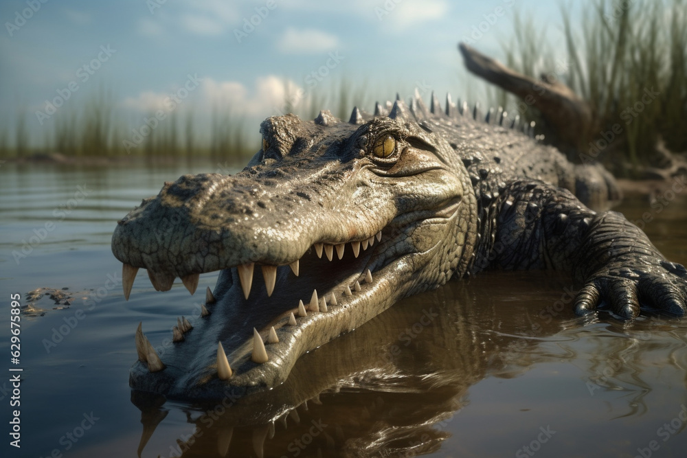 Obraz premium Crocodile attacks in the river. AI generated.