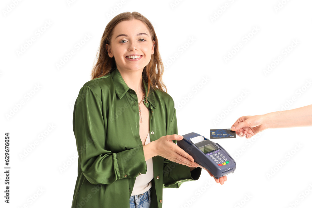 Female seller taking payment from customer on white background Female seller taking payment from customer on white background