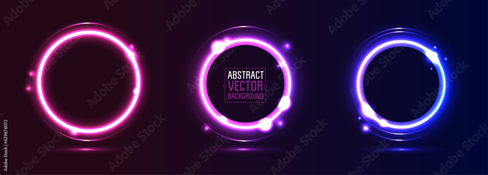 Set of Glowing Neon lighting Round Frames. Vector Collection of Pink, Violet, Blue Shining Neon light Circle Frames on Dark Background. Set of Glowing Neon lighting Round Frames. Vector Collection of Pink, Violet, Blue Shining Neon light Circle Frames on Dark Background.