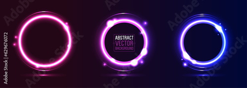 Set of Glowing Neon lighting lines. Vector Collection of Pink, Violet, Blue Shining Neon light Circle Frames on Dark Background. 