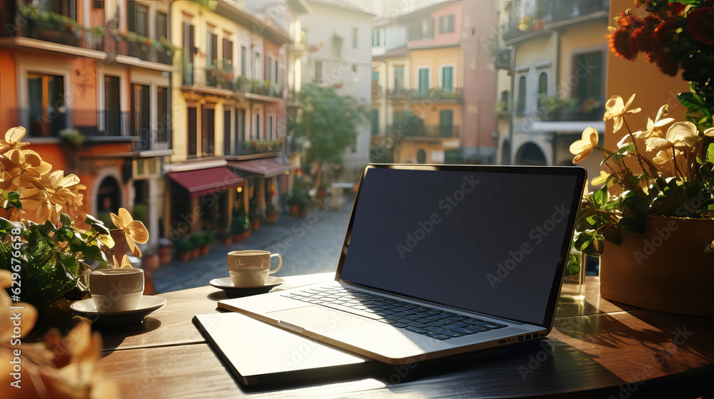 screen of Tablet and Laptop on table . Light and bokeh. from the setting sun. morning light at restaurant, modern office, tower view at urban city background . screen of Tablet and Laptop on table . Light and bokeh. from the setting sun. morning light at restaurant, modern office, tower view at urban city background .