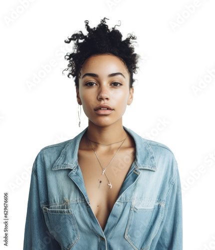 Woman in denim dress isolated