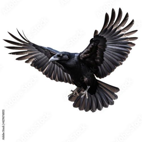 Flying black crow isolated