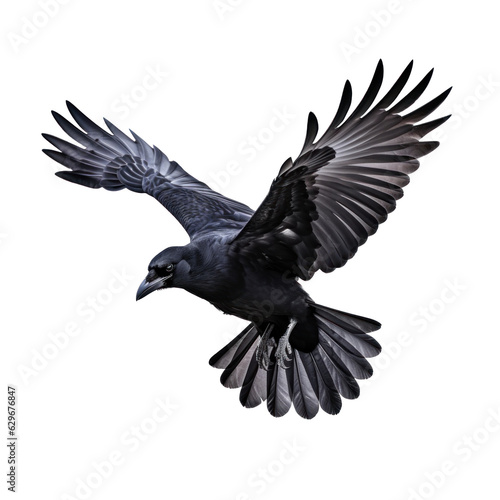Flying black crow isolated