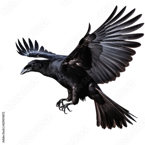 Flying black crow isolated