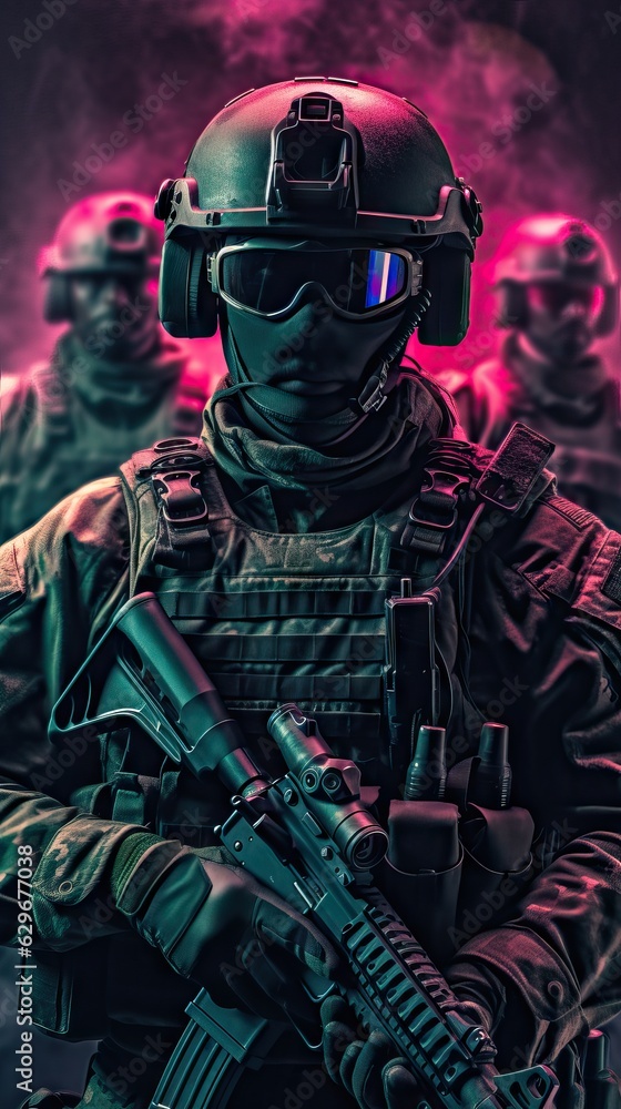Special forces soldier holding a gun, neon color lights, war and clashes