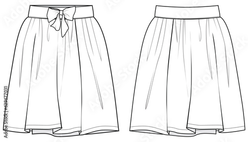 Women skater bow Skirt flat sketch illustration, Set of womens mini skirt for casual wear fashion technical drawing vector template mock up