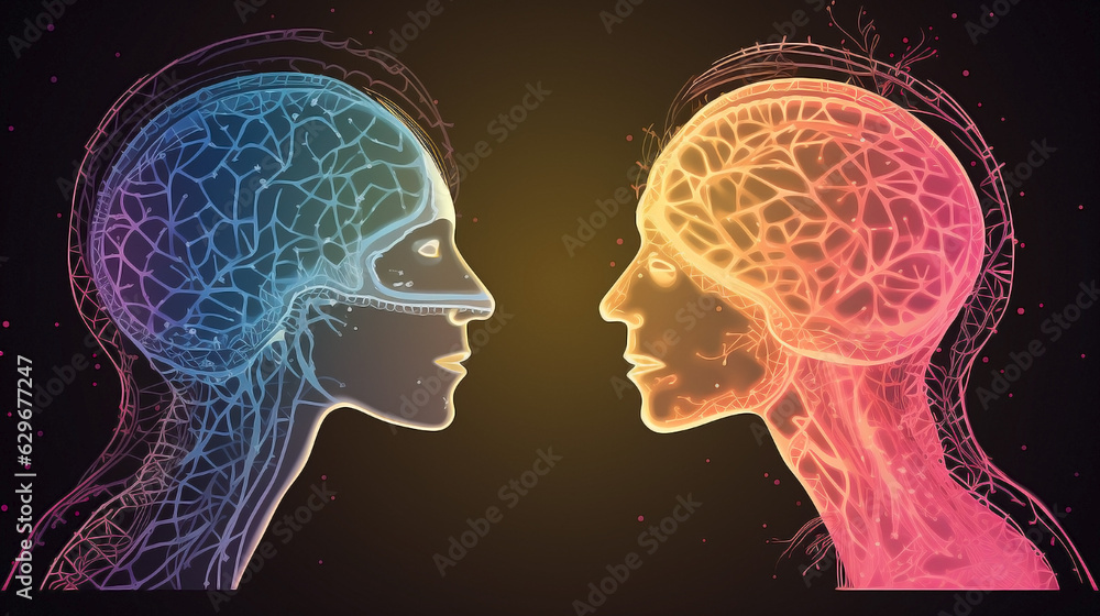 Colors of acceptance: embracing the spectrum of neurodiversity. Two facing silhouettes of the neural anatomy of the human body. Colors of acceptance: embracing the spectrum of neurodiversity. Two facing silhouettes of the neural anatomy of the human body.