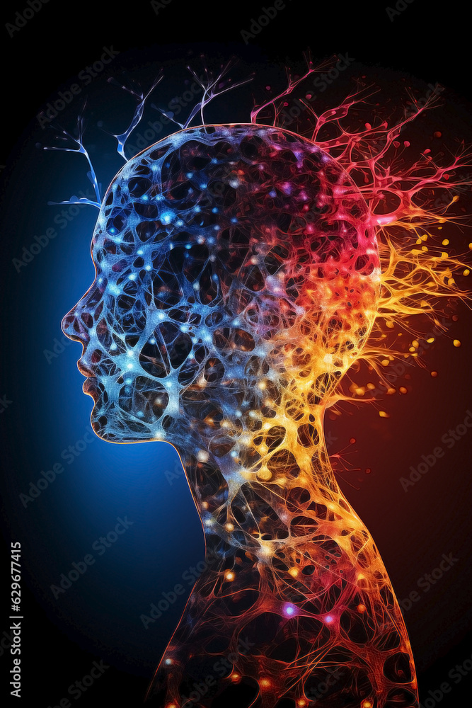 Neural network and synaptic connections of human anatomy. Neurodivergent sparks: a technicolor fireworks of inspiration.