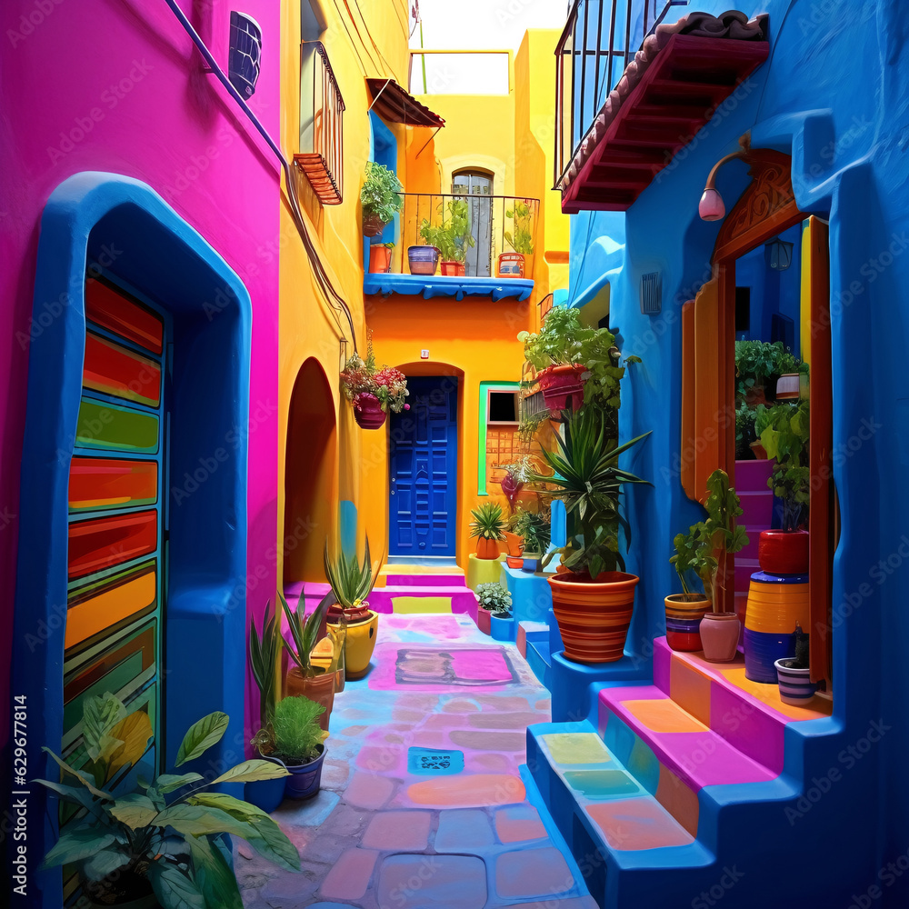 Fototapeta premium An alleyways in colorful colors, folklore-inspired, bold color palate, pink and indigo, use of bright colors, AI Generated